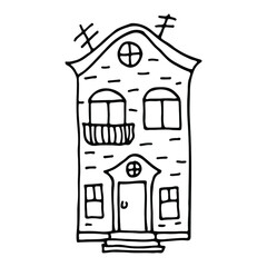 Hand drawn cartoon house. Children's illustration with stylized building. Vintage black and white outline vector illustration
