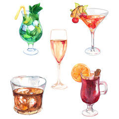 Watercolor exotic drink alcohol cocktail set isolated vector - 366849109
