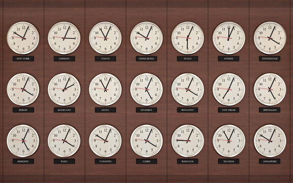 World wide time zone clock. Clocks on the wall, showing the time around the world.