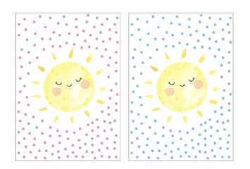 Cute poster with sun watercolor. Sunny, sunshine, sky, sweet dreams. Watercolor prints baby room, baby shower, greeting card. Hand drawn illustration. Nursery decor. Scandinavian girl and boy