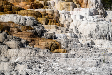 Travertine terraces of Mammoth Hot Springs area of Yellowstone National Park in the bright sunshine