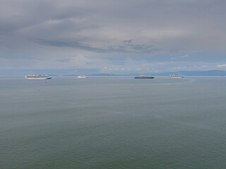 Beautiful aerial view of an empty Gigantic Cruise ship park in Costa Rica due to quarantine