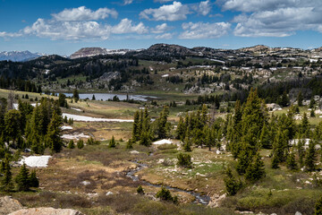Tundra scenery and alpine lake along the Beartooth Highway in Montana and Wyoming