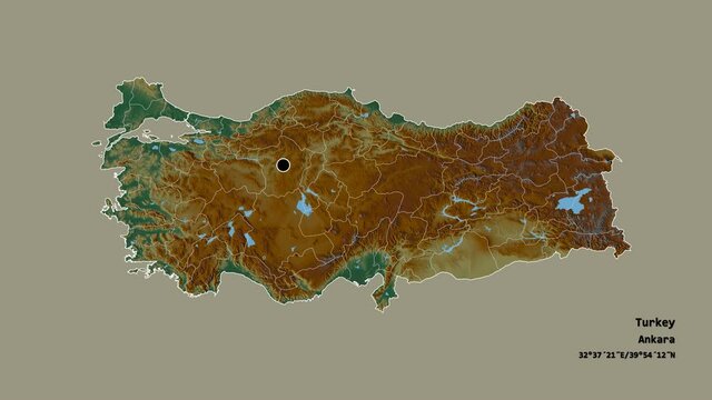 Sakarya, province of Turkey, with its capital, localized, outlined and zoomed with informative overlays on a relief map in the Stereographic projection. Animation 3D