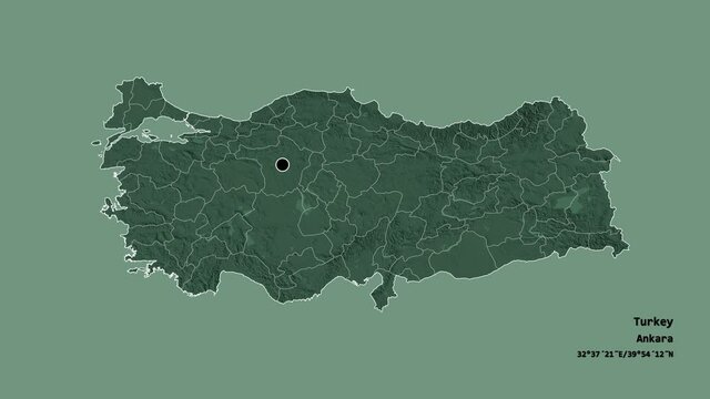 Siirt, province of Turkey, with its capital, localized, outlined and zoomed with informative overlays on a administrative map in the Stereographic projection. Animation 3D