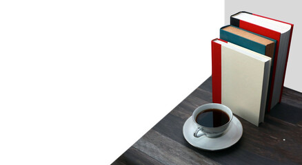 Fototapeta na wymiar Photo of a cup of coffee next to three vintage books on a wooden surface