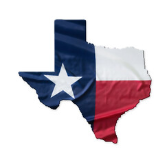 Texas flag waving fabric texture on the state map outline. Isolated on white background. - 366852302