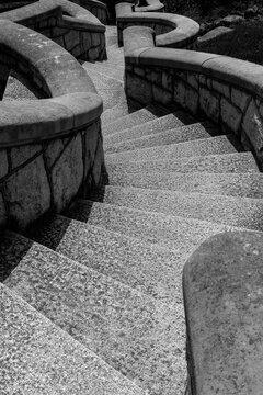 Twisting outdoor stairwell at Maymont gilded age mansion garden grounds in black and white