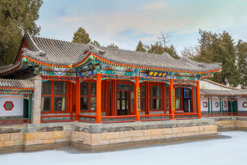 Beijing, China - Jan 11 2020: Huafang house in Beihai Park is a Chinese architecture that surrounded a pond that situated in the middle of the architecture area