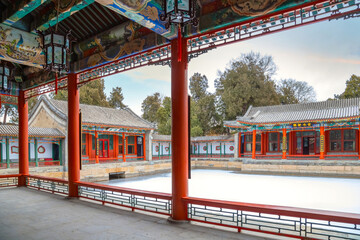 Obraz premium Beijing, China - Jan 11 2020: Huafang house in Beihai Park is a Chinese architecture that surrounded a pond that situated in the middle of the architecture area