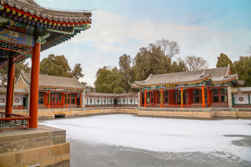 Fototapeta na wymiar Beijing, China - Jan 11 2020: Huafang house in Beihai Park is a Chinese architecture that surrounded a pond that situated in the middle of the architecture area