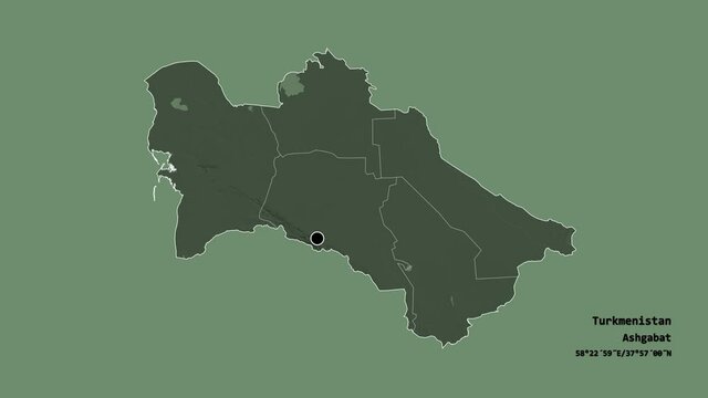 Chardzhou, province of Turkmenistan, with its capital, localized, outlined and zoomed with informative overlays on a administrative map in the Stereographic projection. Animation 3D