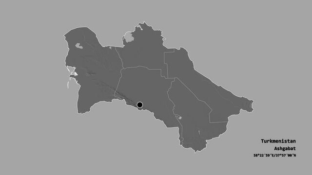 Chardzhou, province of Turkmenistan, with its capital, localized, outlined and zoomed with informative overlays on a bilevel map in the Stereographic projection. Animation 3D