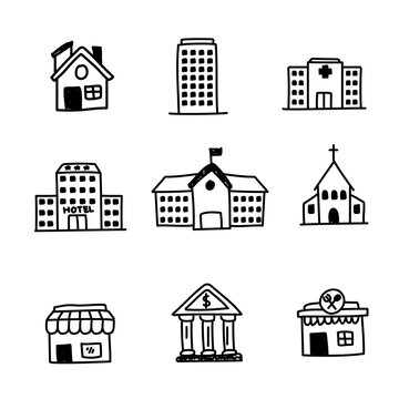 Set of buildings doodle icon with black design isolated on white background 