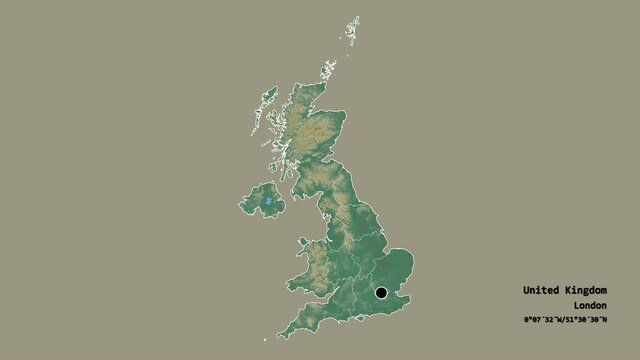 Northern Ireland, region of United Kingdom, with its capital, localized, outlined and zoomed with informative overlays on a relief map in the Stereographic projection. Animation 3D