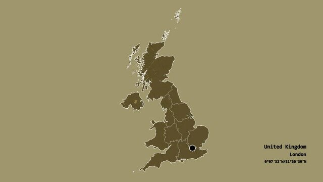 West Midlands, region of United Kingdom, with its capital, localized, outlined and zoomed with informative overlays on a administrative map in the Stereographic projection. Animation 3D