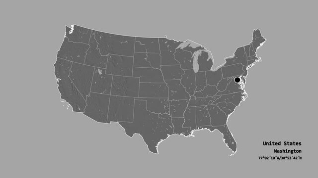 Colorado, state of United States mainland, with its capital, localized, outlined and zoomed with informative overlays on a bilevel map in the Stereographic projection. Animation 3D