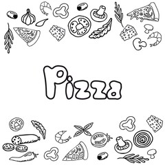 Italian pizza and ingredients top view frame. Italian food menu design template. Vintage hand drawn sketch, vector illustration. Engraved style illustration. Pizza label for menu.
