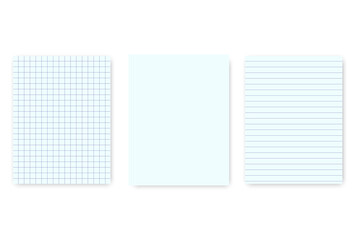 Background from paper sheets. Mesh paper. Checkered and ruled sheets. Note paper. Vector image.