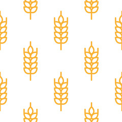 Seamless pattern of orange line wheat ears. Raster illustration on white background.