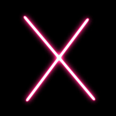 English alphabet letter X linear neon laser shape on black background.