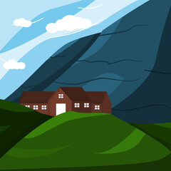 Illustrator vector of Mountain View with blue sky and a little house