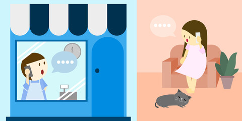 Illustrator vector of customer make a phone call to shop for food delivery, order supply via phone, delivery service for people stay at home