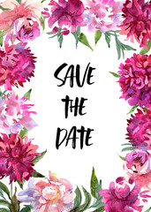 Template for wedding card, greeting, invitation, save the date card with hand drawn watercolor pink peonies.