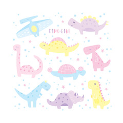 Set of Cute Girly Dinosaurs in pastel colors with stars on white background.