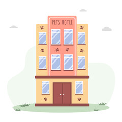 Pets hotel. Veterinary hospital services and domestic animals hotels. Dogs grooming and health check center. Vet clinic, robotic pet sitters metaphors. Vector illustrations in flat style.
