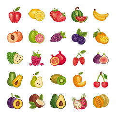 bundle of fresh fruits set icons