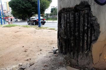 salvador, bahia / brazil - april 30, 2012: exposed fittings are seen in an overpass pillar in the...