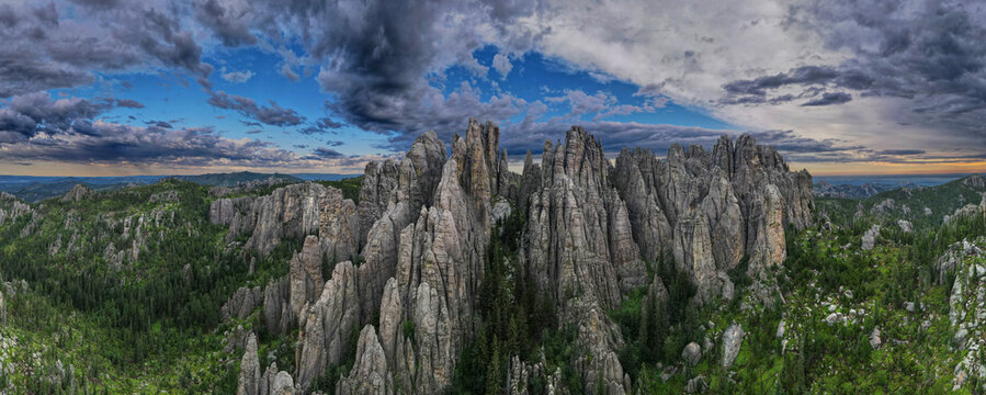 Panorama Of Needles Spires With Storm Clouds In The Background Off Needles Highway In Black Hills Of South Dakota