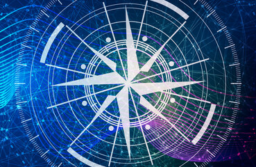 Brochure or report design element. Travel and discovery relative image. Compass symbol on geometry pattern