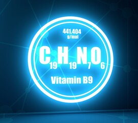 Chemical formula of vitamin B9 or folic acid. Connected lines with dots background. 3D rendering. Neon shine