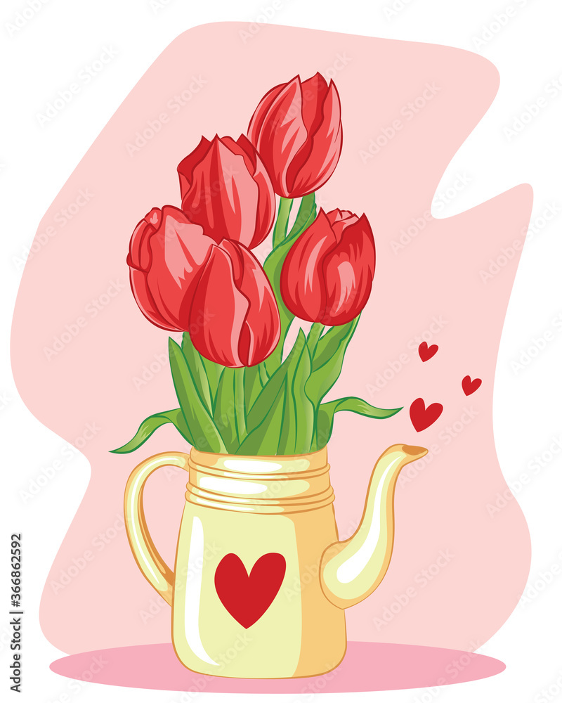 Wall mural vector illustrations, tulip flowers in teapot, for design of leaflets and greetings, isolate on a wh