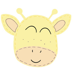 Fototapeta premium cute kawaii yellow giraffe head with funny ears and horns, kids toy, vector element with decorative stitching seam