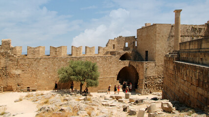 Lindos, the Acropolis Hill, ruins of the ancient fortress and the Castle of the Knights of St. John. Lindos, Rhodes, Greece