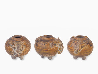 view front, back and left of ancient Sangkhalok ceramic wares elephant shape, Si Satchanalai style, 13th.-17th. Century. isolated on white background.