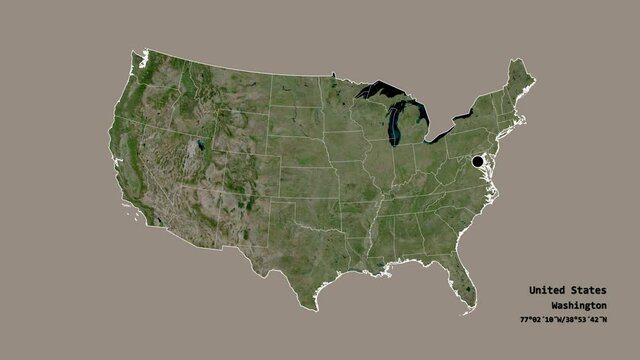 North Carolina, state of United States mainland, with its capital, localized, outlined and zoomed with informative overlays on a satellite map in the Stereographic projection. Animation 3D