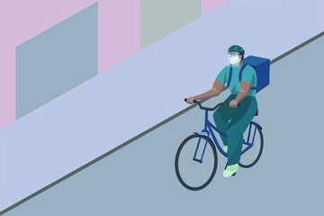 Man riding a bike with a delivery back pack flat illustration 