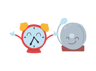 clock and alarm with happy face cartoon