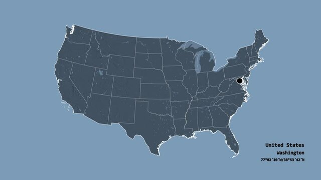 Tennessee, state of United States mainland, with its capital, localized, outlined and zoomed with informative overlays on a administrative map in the Stereographic projection. Animation 3D