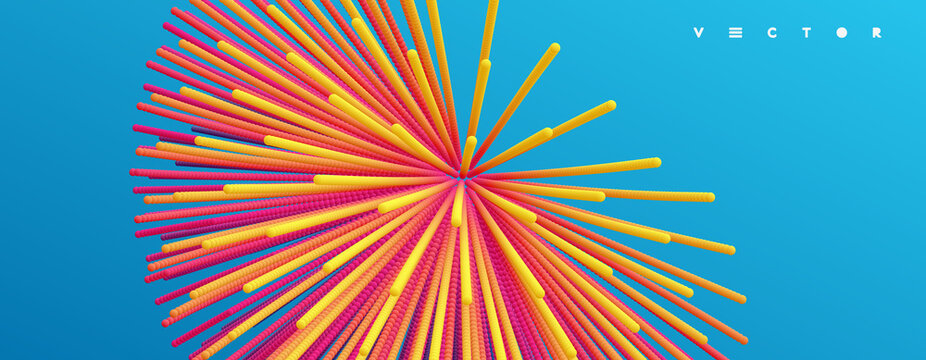 Point explode. Array with dynamic emitted particles. 3d technology style. Abstract background. Vector illustration.