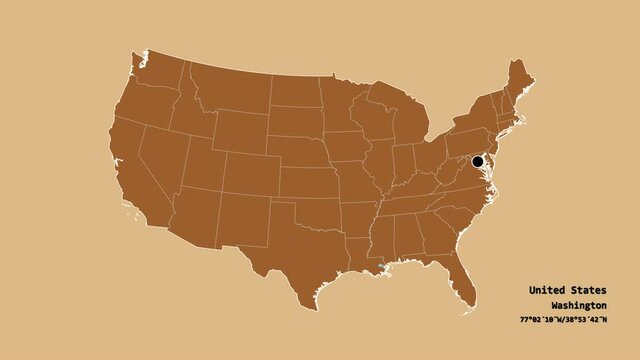 Virginia, state of United States mainland, with its capital, localized, outlined and zoomed with informative overlays on a solid patterned map in the Stereographic projection. Animation 3D