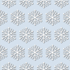 White snowflakes on pale blue background, seamless pattern. Paper cut style - 366866509