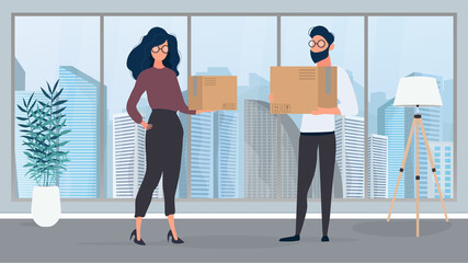 A guy and a girl stand in an empty room and hold paper boxes. The concept of relocating, changing housing, buying an apartment or moving an office. Vector.