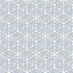 White snowflakes on pale blue background, damask ornament seamless pattern. Paper cut style - 366866514