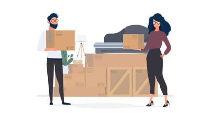 The guy and the girl are holding paper boxes in their hands. Large boxes, sofa. The concept of moving, changing housing, buying an apartment or moving an office. Isolated. Vector.
