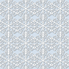 White snowflakes on pale blue background, damask ornament seamless pattern. Paper cut style - 366866524